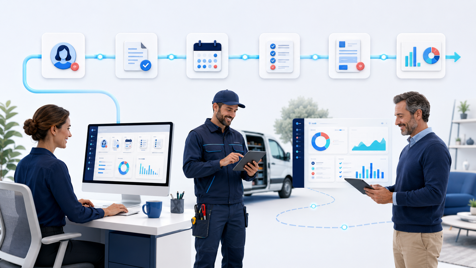 Flux métier numérique de la demande client au tableau de bord de gestion