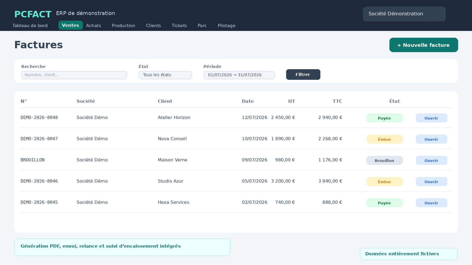 Gestion des factures PCFACT avec données fictives